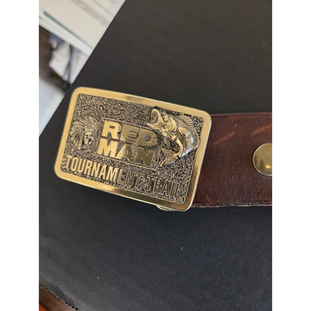 Vintage Red Man Tournament Trail Belt Buckle & Tooled Leather Fishing Belt 51"